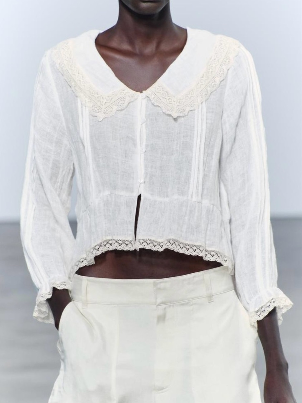 NWOT Zara ZW Collection Cream Linen Lace Blouse |  Boho Cottagecore | Size L
